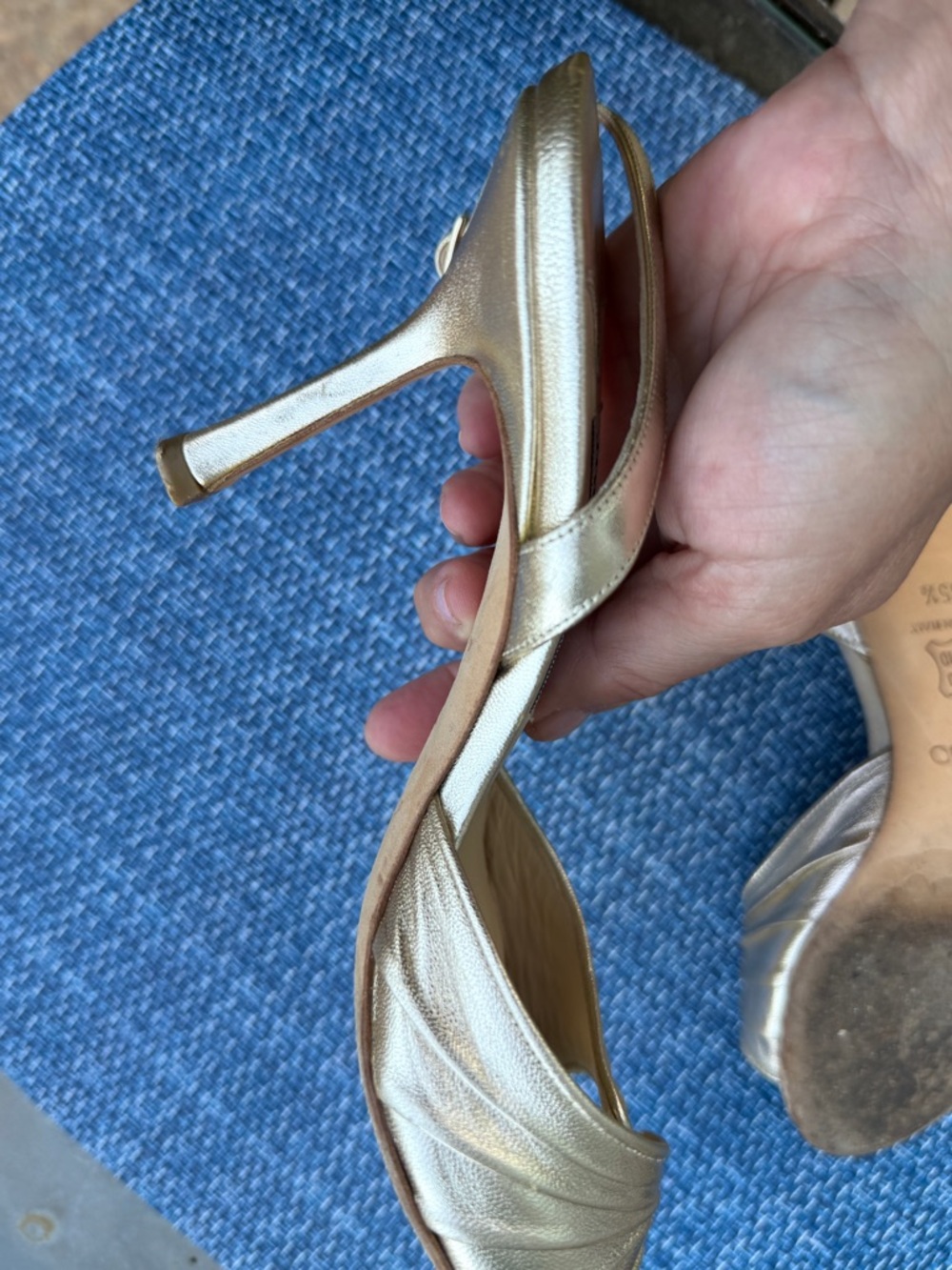 Jimmy Choo Metallic Gold Pleated Open-Toe Slingback Heels - Picture 3 of 4